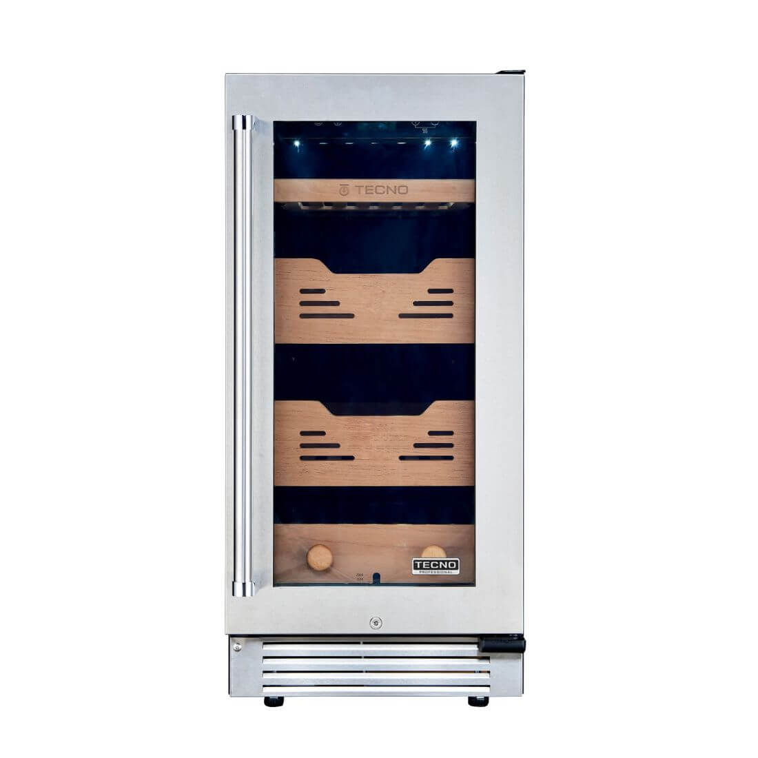 Umidor de Charutos Tecno Professional para até 500 Charutos com design moderno e prateleiras de madeira.